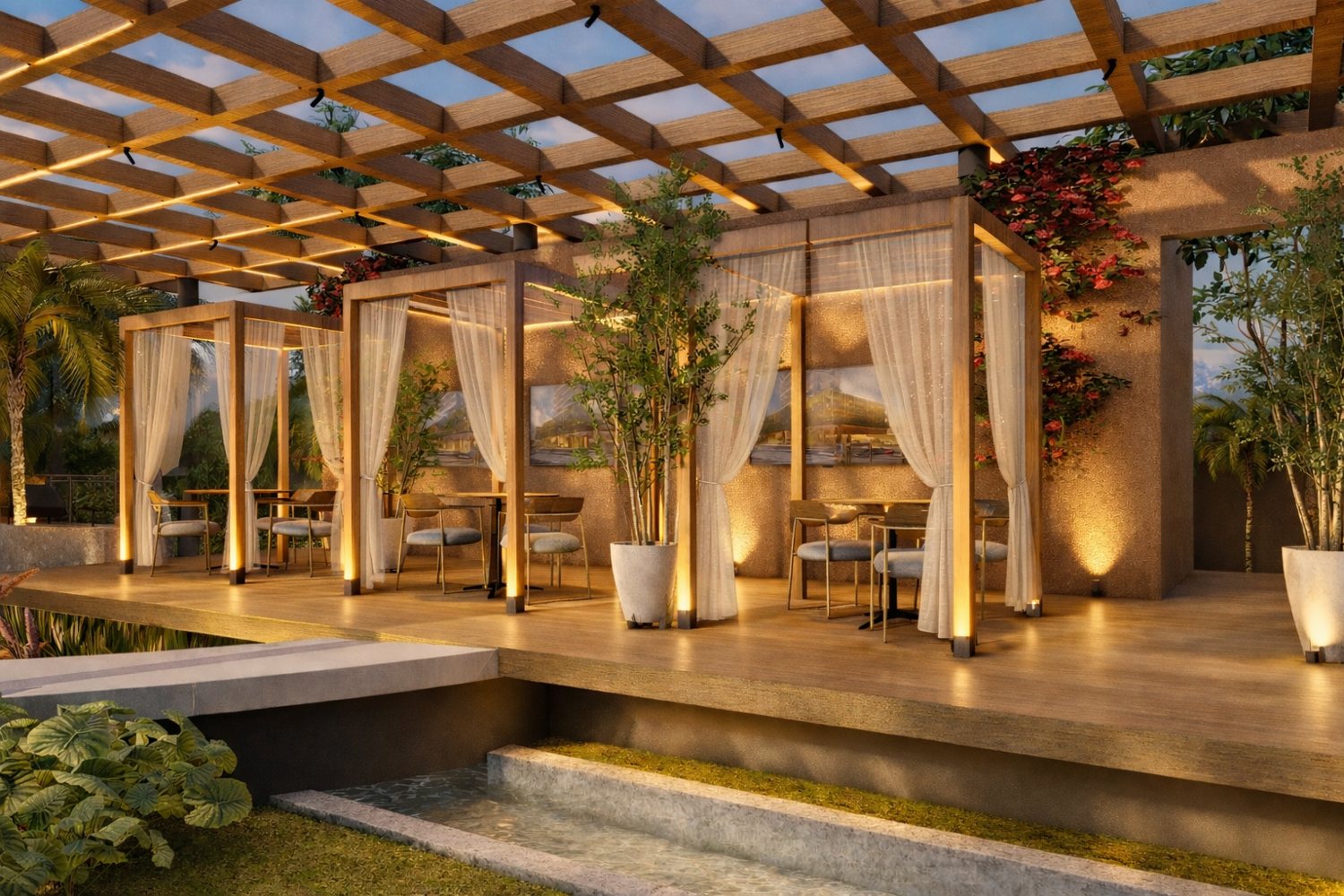 Deck com pérgola e espelho d'água do ÁGORA